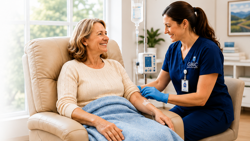 Patient receiving infusion care from a nurse at Greater Boston Infusion Center